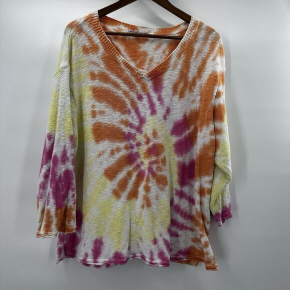 Lulu B Sweater Womens 1X Pink Orange Tie Dye Boxy Knit Beachy Resort Coastal - Picture 1 of 11
